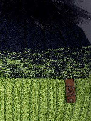 Русбубон Шапка вязаная для мальчика с помпоном на завязках, двухцветная, нашивка снеговик + снуд, зеленый