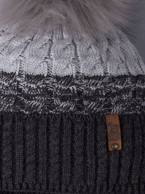 Русбубон Шапка вязаная для мальчика с помпоном на завязках, двухцветная, нашивка снеговик + снуд, темно-серый