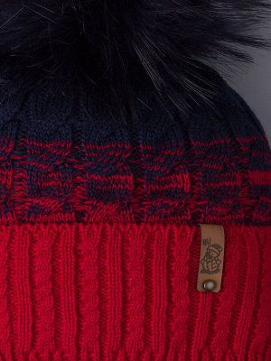 Шапка вязаная для мальчика с помпоном на завязках, двухцветная, нашивка снеговик + снуд, красный