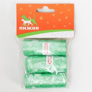 Пакеты для уборки за собаками с узором (3 рулона по 15 пакетов 29х21 см), зелёные