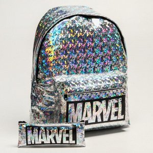 Рюкзак молодёжный СР-05-111 38х30х11 "MARVEL" + пенал/косметичка голография