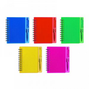 Записная книжка в клетку с ручкой, 80л., твердая пластиковая обложка, , 5 цветов (красный, синий, желтый, розовый, зеленый)