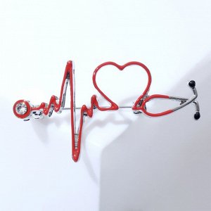 Брошь "Стетоскоп" кардиограмма, цвет красный в серебре