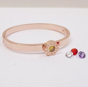 Женский жёсткий браслет на руку с фианитами цвет розовое золото сталь со съёмными камнями
