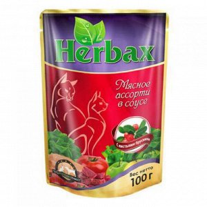 Пакет дой-пак herbax 100 гр. для кошек мясное ассорти в соусе с листьями брусники 1/24