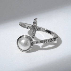 Кольцо "Звезда" с жемчужиной, цвет белый в серебре, безразмерное