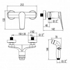 LM3718BL "BRONX" Смеситель настенный с гигиеническим душем, черный