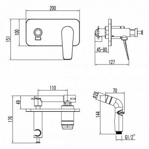 LM3720BL "BRONX" Смеситель с гигиеническим душем, встраиваемый, черный