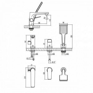 LM3745GM "BRONX" Смеситель для ванны встраиваемый, на 3 отверстия, с аксессуарами, графит