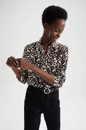 Обычный крой Рубашка с воротником и леопардовым принтом с длинным рукавом