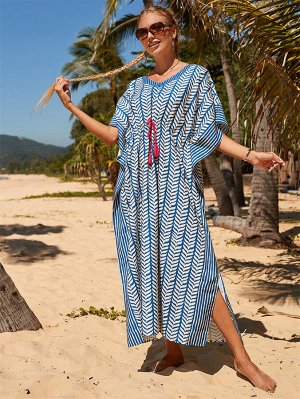 Женская накидка пляжная длинная с этническим принтом, цвет белый/синий