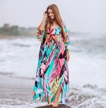 Женское платье пляжное длинное с ярким абстрактным принтом, цвет голубой/розовый
