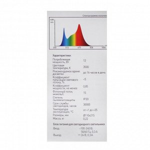 Фитосветильник светодиодный ЭРА, 12 Вт, IP20, 110х110х215 мм, штыковой, полный спектр