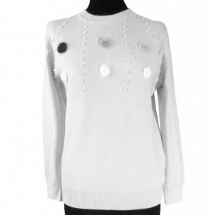 Размер единый 42-46. Шикарный свитер Daily белого цвета с бусинами под жемчуг и украшениями из натурального меха.