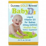California Gold Nutrition, жидкий витамин D3 для детей, 10 мкг (400 МЕ), 10 мл (0,34 жидк. унции)