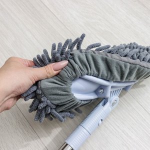 Швабра для мытья пола плоская гибкая Доляна, насадка из микрофибры букли 29x13 см, телескопическая стальная ручка 75(116) см, серая