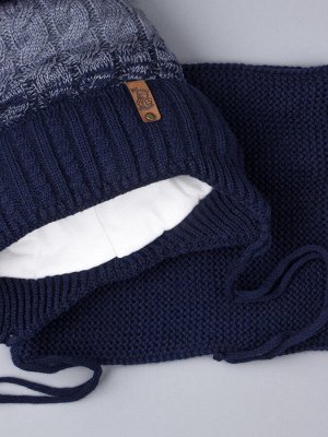 Шапка вязаная для мальчика с помпоном на завязках, двухцветная, нашивка снеговик + снуд, темно-синий