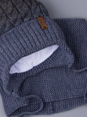 Шапка вязаная для мальчика с помпоном на завязках, двухцветная, нашивка снеговик + снуд, джинс