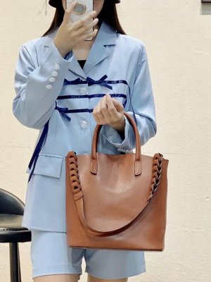 Женская сумка трапеция из натуральной кожи с плетёной ручкой, цвет коричневый