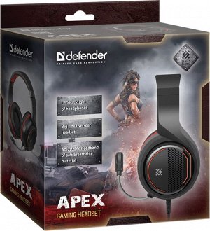 Гарнитура Defender Apex игров, черн+красный,кабель 1,8м