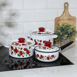 Набор посуды «Рамо», 3 предмета: кастрюли 2/3,5 л; ковш 1,5 л, эмалированные крышки, индукция, цвет белый