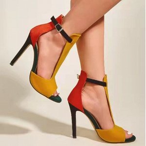 Женские босоножки на каблуке, цвет жёлтый/красный/зелёный