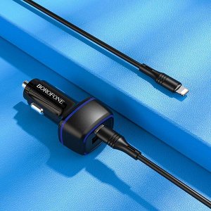 Автомобильное зарядное устройство BOROFONE BZ14A Mercury, USB+Type-C + Кабель Type-C-Lightning, 3A, черный