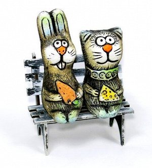 Кот и заяц на скамейке мини, KN 00-119