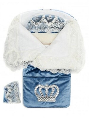 Luxury Baby Зимний Конверт-одеяло на выписку &quot;Императорский&quot; (голубой с молочным кружевом и большой короной на молнии)
