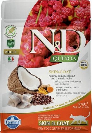 Корм ND Cat GF Quinoa Skin&Coat Herring, 300 g/для взрослых кошек с сельдью, уход за кожей и шерстью, 300 г