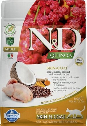 Корм ND Cat GF Quinoa Skin&Coat Quail, 300 g/для взрослых кошек с перепелкой, уход за кожей и шерстью, 300 г