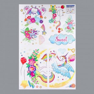 Наклейка пластик интерьерная цветная "Единорог и котики в цветах" 60х90 см