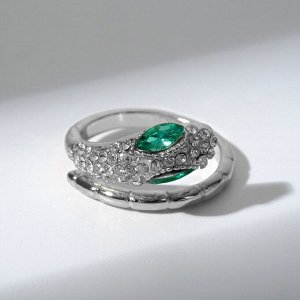 Кольцо "Змея" большеглазая, цвет бело-зелёный в серебре, безразмерное