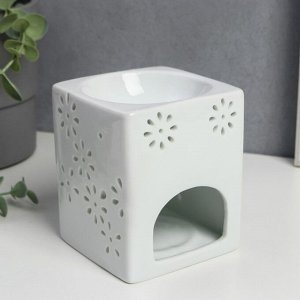 Аромалампа керамика с подставкой под свечу "Кружево цветочное куб" белый 9,5х8,5х8,5 см