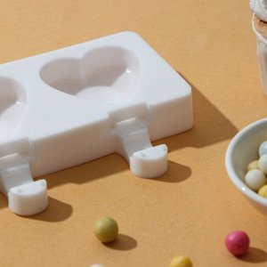 Силиконовая форма для мороженого Доляна «Сердца. Макси», 49x6,5x2 см, 8 ячеек, палочки 50 шт, цвет белый