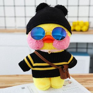 Мягкая игрушка утка Lalafanfan Yellow в черном свитере в шапочке сумочкой и очками