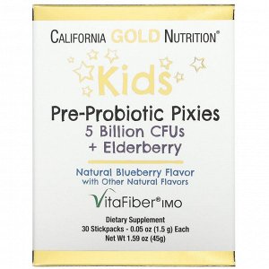 California Gold Nutrition, Pixies, пребиотики и пробиотики для детей, 5 млрд. КОЕ, с добавлением бузины, с натуральным вкусом голубики, 30 пакетиков по 1,5 г (0,05 унции)