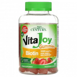 21st Century, VitaJoy, жевательные таблетки с биотином, со вкусом клубники, 5000 мкг, 120 вегетарианских жевательных таблеток (2500 мкг в одной жевательной таблетке)