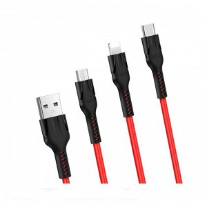 Кабель Hoco U31, microUSB/Lightning/Type-C - USB, 2.4 А, 1.2 м, красный