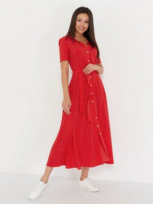 Платье-рубашка женское летнее длина макси короткий рукав цвет Красный (мелкий горох) LONG