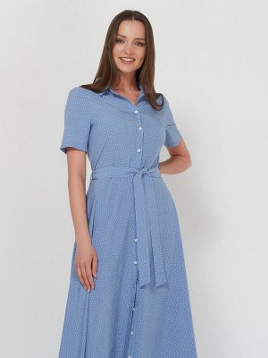 Платье-рубашка женское летнее длина макси короткий рукав цвет Серо-голубой (мелкий горох) LONG