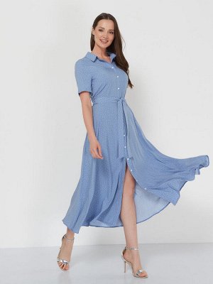 Платье-рубашка женское летнее длина макси короткий рукав цвет Серо-голубой (мелкий горох) LONG