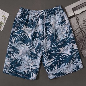 Мужские пляжные шорты #2, принт  " листья", цвет бело-синий