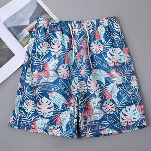 Мужские пляжные шорты #2, принт  "тропические листья", цвет синий