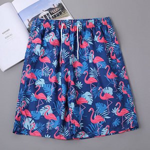 Мужские пляжные шорты #2, принт  "фламинго", цвет синий