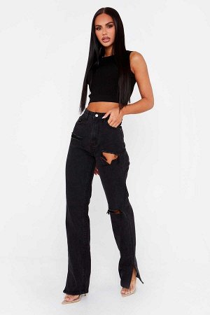 Женские джинсы с порезами, прямой покрой, цвет черный