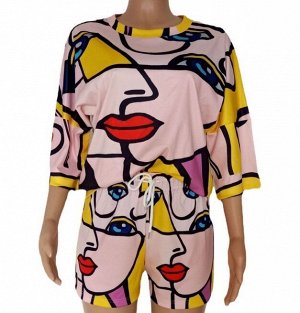 Женский костюм (футболка и шорты), с принтом, разноцветный