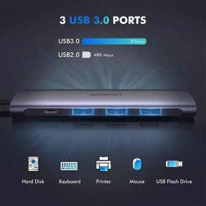 Конвертер Type C 5 в 1 - HDMI +USB 3.0*3 +PD power n