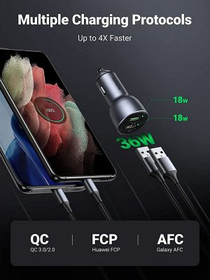Ugreen Устройство зарядное автомобильное USB 2 порта Quick Charge 3.0 черное (CD213)
