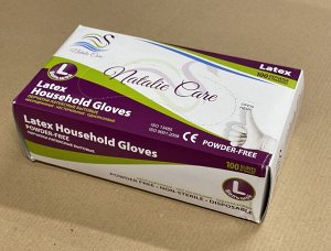 NATALIE CARE®️Перчатки латексные, одноразовые, неопудренные, нестерильные, белые, бытовые, размер "L", 100 шт/упак.